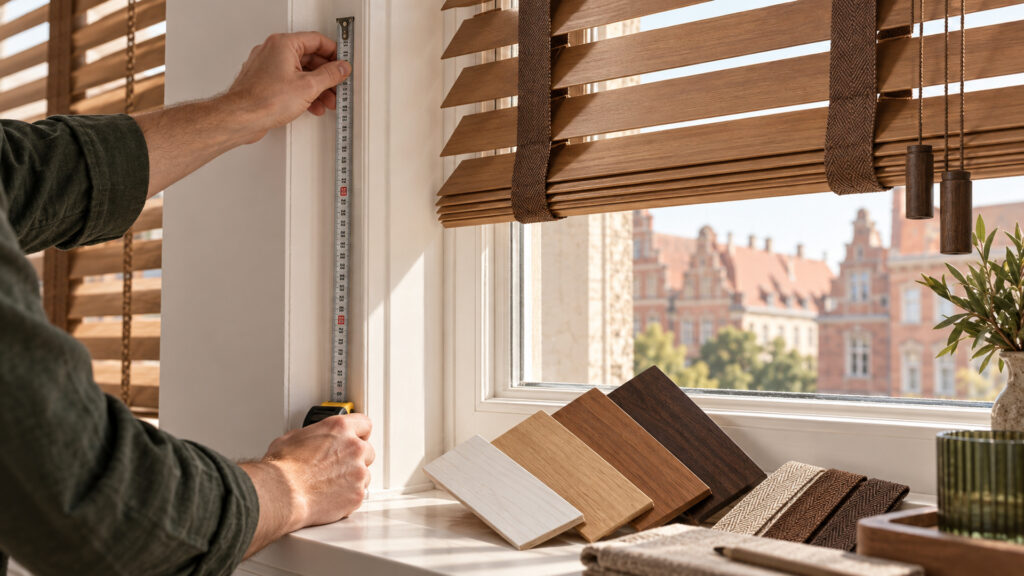 Wizualizacja pomiaru okna pod żaluzje drewniane na wymiar we Wrocławiu, inspirowana usługą TALO